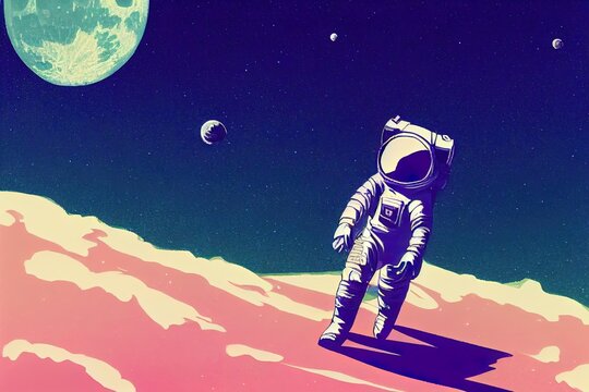 Astronaut walking on the moon. Digital artwork vintage cartoon style. Man in space with spacesuit. Spaceman graphic concept poster.
