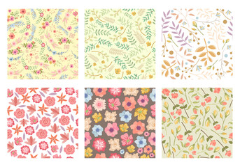 floral pattern. decorative textile fabric fashioned template of flowers leaves and buds botanical seamless backgrounds collection. Vector set