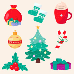 Collection of Christmas drawn elements for the holiday. Vector illustration.