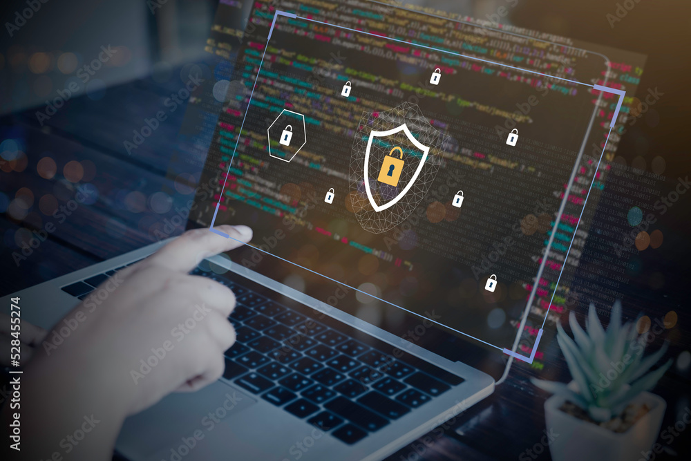 Poster double exposure with cyber security protectors concept, digital crime by an anonymous hacker, big on