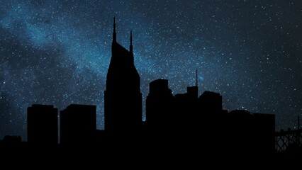 Nashville Downtown Skyline, Time Lapse by Night with Stars and Milky Way in Background, Tennessee, USA