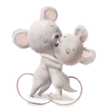 Two little fluffy grey mice kissing. Cute family in love. Hand painted graphic drawing on white background