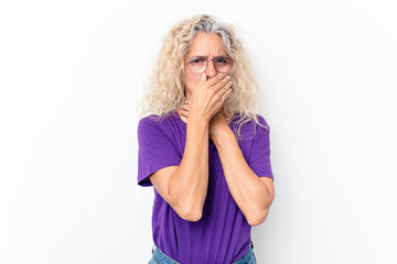 Middle age caucasian woman isolated on white background suffers pain in throat due a virus or...