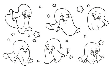 Cute cartoon ghosts outlined for coloring page on white background