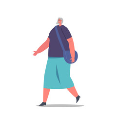 Senior Female Character Wear T-shirt, Long Skirt and Shoulder Bag Isolated on White Background. Mature Positive Woman