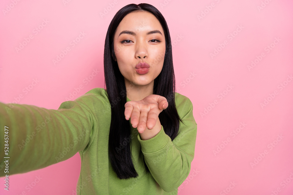 Poster Photo of sweet millennial lady do selfie blow kiss wear green sweater isolated on pink color background