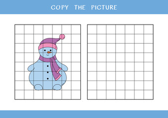 Copy the picture of cute snowman. Simple educational game for kids. Vector worksheet