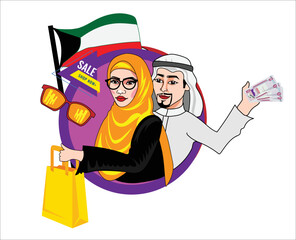 Saudi Arab husband and wife doing clothes shopping vector illustration