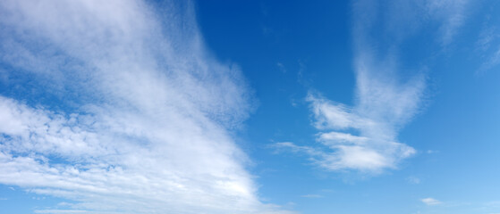 Panorama of afternoon blue sky with white clouds.
