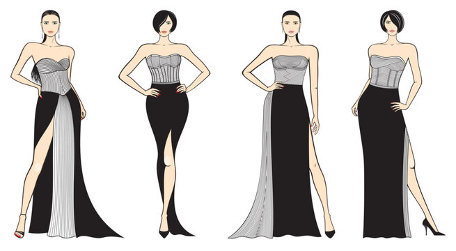 Fashion illustration of beautiful women in elegant evening attire, in black color, outline, isolated, on white background