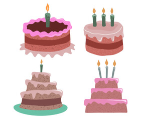 Birthday cakes big set. Vector illustration.