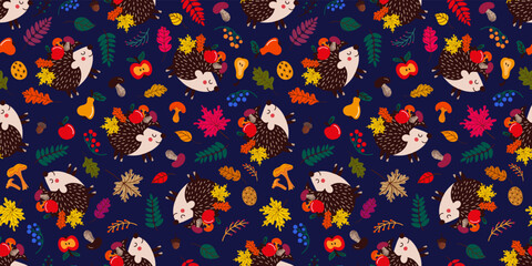 Background of cute hedgehogs among autumn leaves and fruits with mushrooms