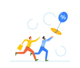 Young Male Characters Chase Groceries Rising Up On Balloon. Food And Price Inflation Rises Due To Monetary Value Growth