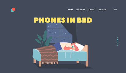 Mobile Phone in Bed Landing Page Template. Male Character with Cellphone in Hand Lying in Bed. Man with Gadget Addiction
