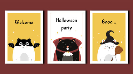 Halloween party invitation cards, ready-made halloween banners, halloween card set, cute cats in halloween costumes set, halloween set, dracula cat, witch cat, bat cat, card with cats