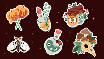 A set of ready-made stickers for Halloween, a set of elements for the day of Halloween, colorful vector illustrations for Halloween