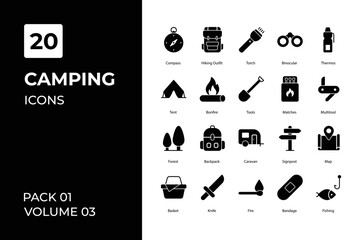 Camping icons collection. Set contains such Icons as adventure, backpack, bonfire, camp and more