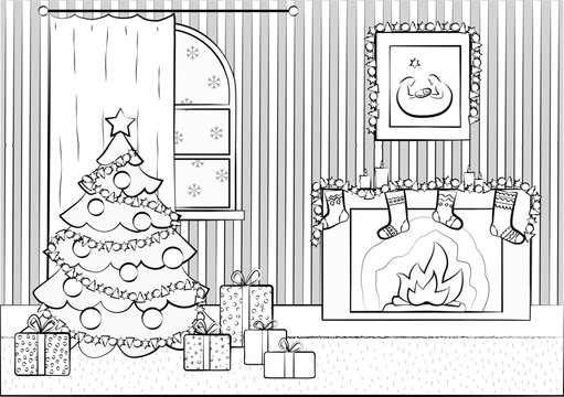 Coloring a room with a decorated Christmas tree, gifts and a fireplace.