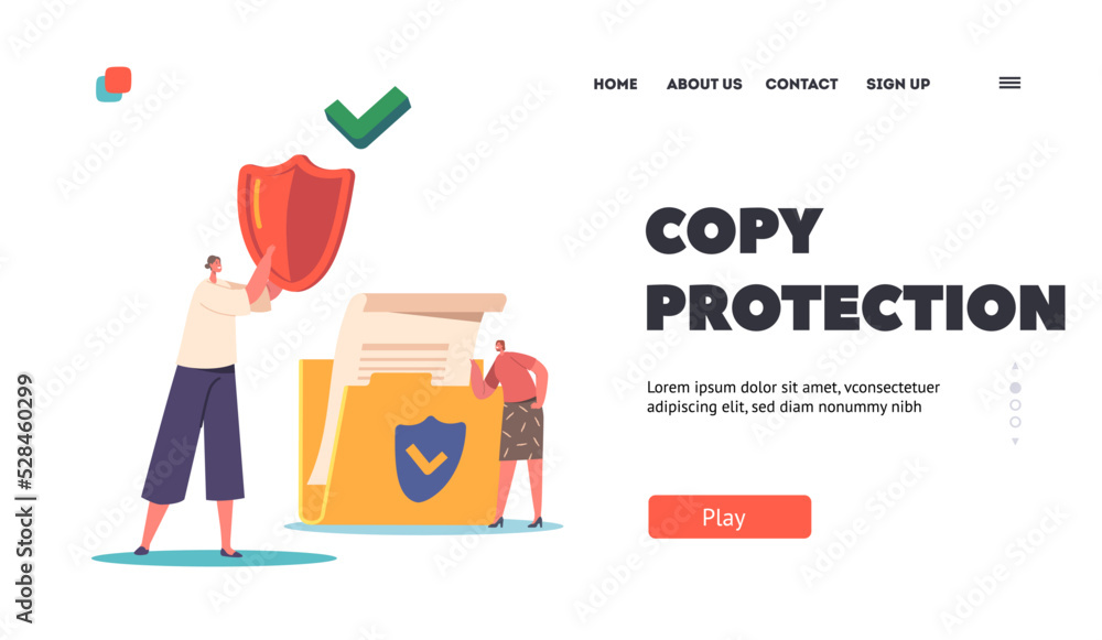 Poster copy protection landing page template. tiny female characters with huge shield and protected folder 