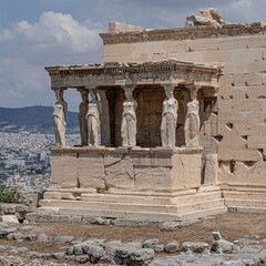 Erechtheum, the Temple of Athena Polios, an ancient Greek Ionic temple on Acropolis of Athens, dedicated to the goddess Athena, Athens, Greece