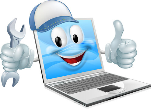 Cartoon laptop computer repair mascot