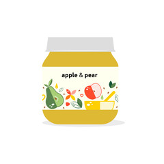 Glass jars with baby food. Package design pear and apple. Organic baby food puree.Vector illustration.