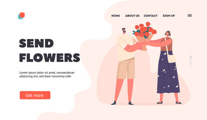 Gift to Sweetheart Landing Page Template. Couple Romantic Dating, Love. Man Give Present to Happy Girlfriend for Holiday