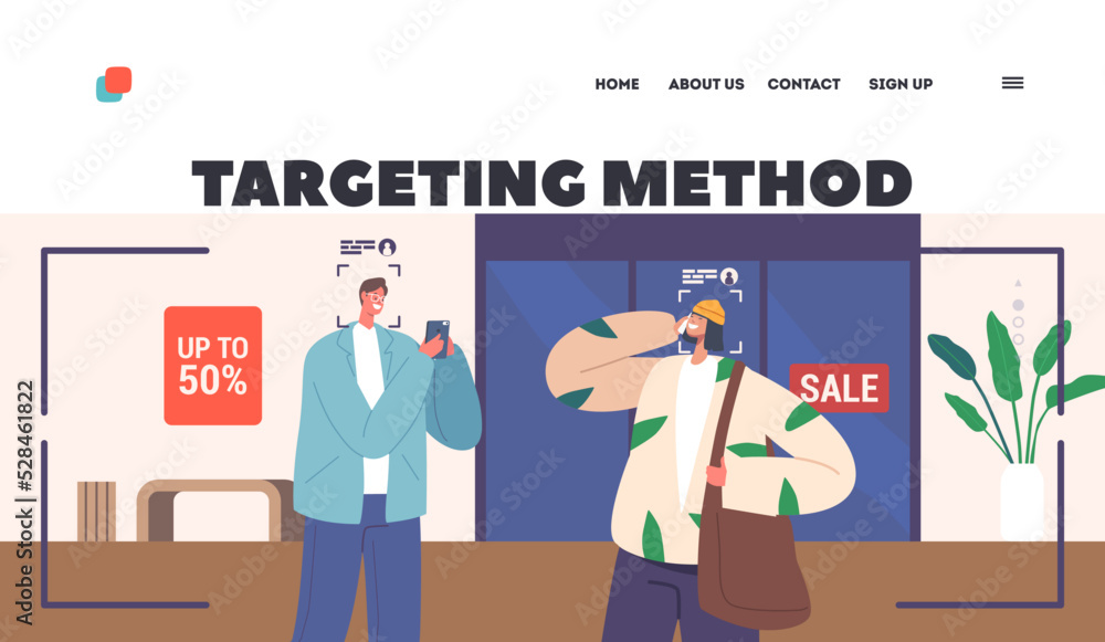 Poster targeting method landing page template. people visiting retail store with identification facial reco