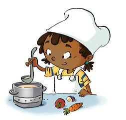 Illustration of little cook girl making a soup