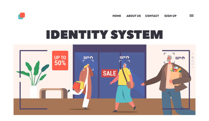 intellectual Persons Identity System Landing Page Template. Customers in Mall with Identification Facial Recognition