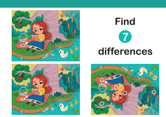 Find 7 differences education game for children, in the picnic theme . Vector illustration.