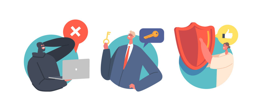 Computer Security And Protection Isolated Round Icons Or Avatars. Hacker Character With Laptop Trying To Hack Data