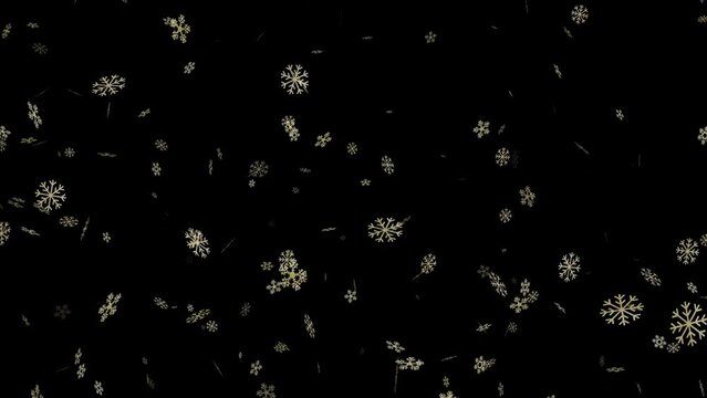 Golden snowflakes falling slowly from the sky. Black background, overlay. Winter. Abstract festive snowfall. 25 fps 