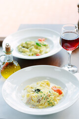 Traditional italian pasta with mushrooms in a restaurant