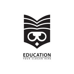 open book logo icon above the owl's head. Vector school illustration.
