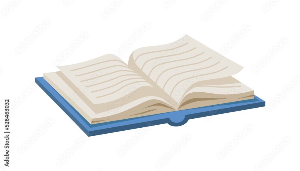 Poster schoolbook or manual with open pages, isolated journal in hardcover. leisure or reading hobby, educa