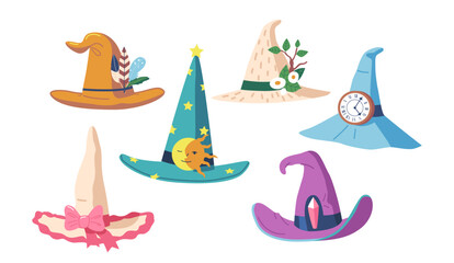 Set Cute Witch Or Enchantress Hats Isolated Icons, Wizard Headwear, Traditional Decorated Magician Caps With Feathers