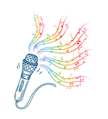 Karaoke music icon in doodle style. Music. Song. Microphone with notes vector cartoon illustration on white isolated background. Audio equipment concept with bright rainbow melody effect.