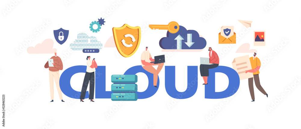 Poster cloud storage concept. digital service or application transfering information to server or hosting s