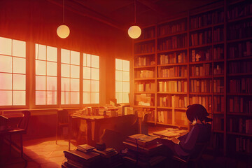Fototapeta premium Peaceful, calm relaxing library. Atmospheric light at sunset shining inside an office, workplace. Beautiful light in a room filled with books. Lofi manga anime style workstation. Cartoon digital art.