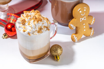 Autumn winter coffee latte set, coffee drink assortment with various topping - gingerbread caramel,...