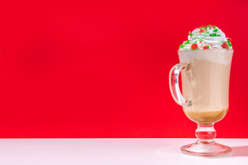 Autumn winter coffee latte set, coffee drink assortment with various topping - gingerbread caramel, mocha chocolate, candy cane peppermint latte, trendy bright high-colored red and white background