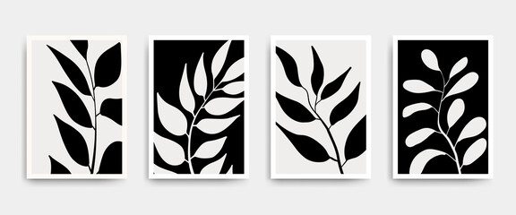 Fototapeta na wymiar Abstract wall art prints vector set. Interior home decor posters with leaves, plants in monochrome. Black and white botanical paintings, posters, printable, prints Minimal Mid Century Modern vector