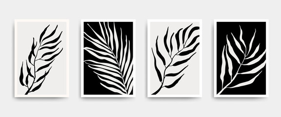 Abstract wall art prints vector set. Interior home decor posters with leaves, plants in monochrome. Black and white botanical paintings, posters, printable, prints Minimal Mid Century Modern vector