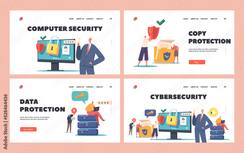 Aufkleber cybersecurity landing page template set. privacy, data protection in internet, tiny characters aroun