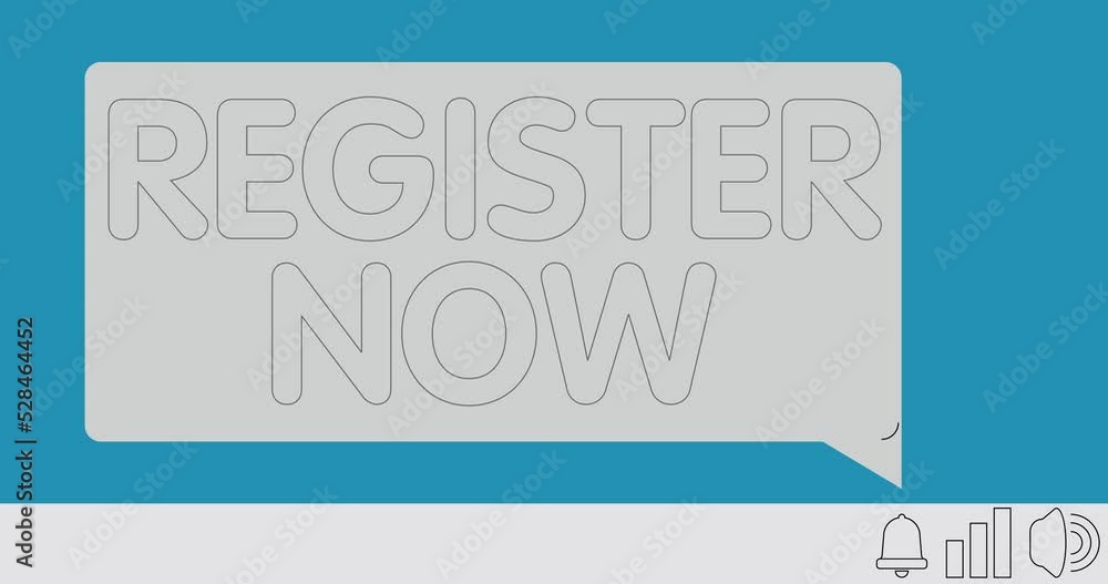 Poster register now text on notification bubble from portable information device screen. mobile app message