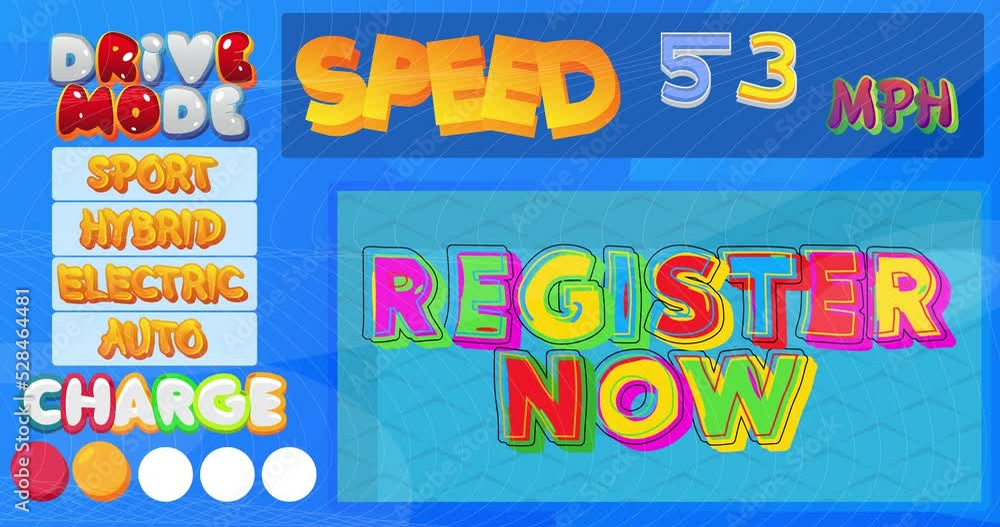 Poster cartoon car dashboard with register now text. digital graphical user interface animation.