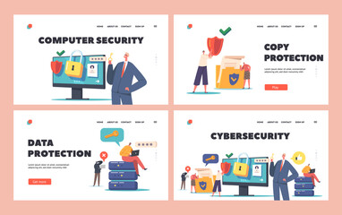 Cybersecurity Landing Page Template Set. Privacy, Data Protection in Internet, Tiny Characters around of Huge Desktop