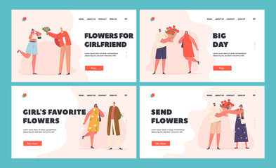 Young Couples Dating Landing Page Template Set. Men Giving Bouquets to Girls. Boyfriends Presenting Flowers to Girls