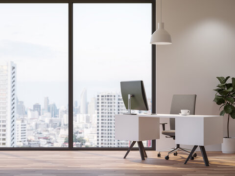 Minimal style white working table located by the window 3d render,There are wooden floor.Furnished with black and white furniture .There are large windows look out to see the city view.